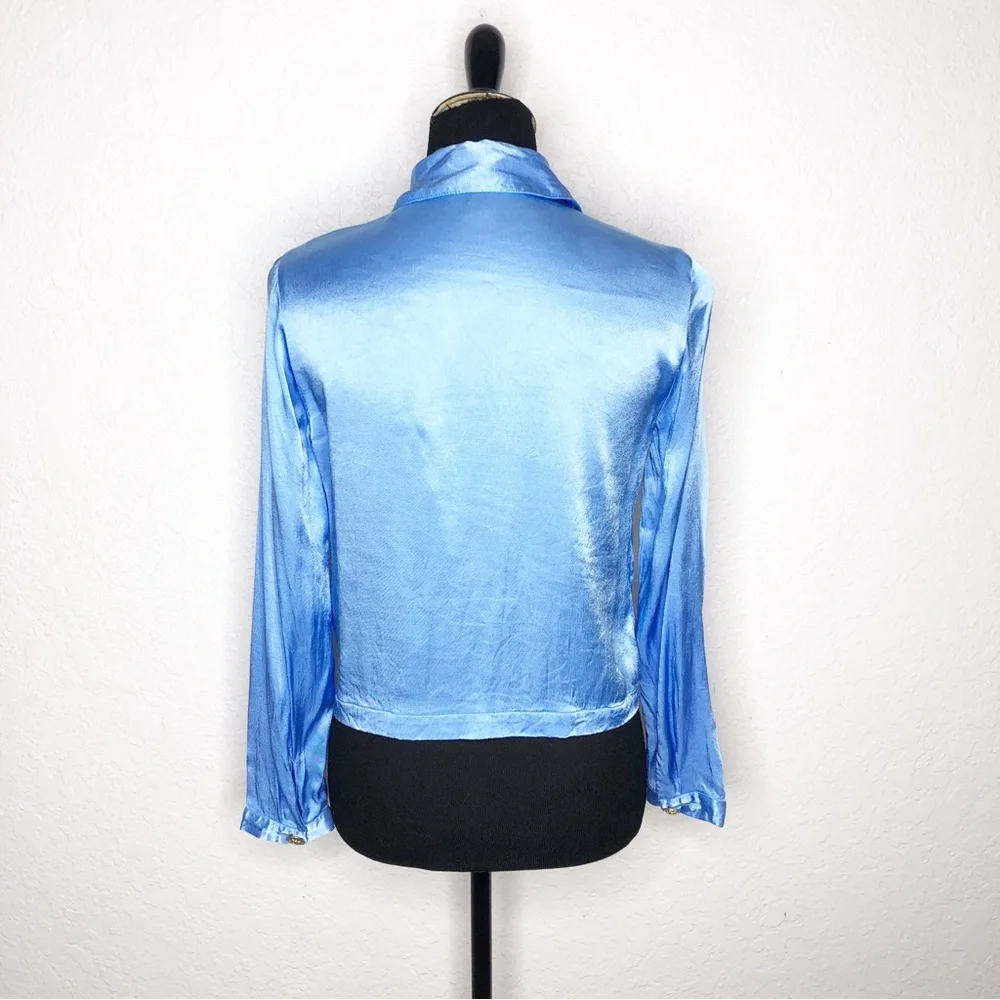 J Crew blue shiny satin gold button cropped button down top size Extra Small XS